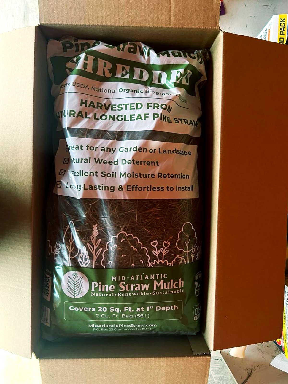 Shredded Pine Straw Mulch in Shipping Box